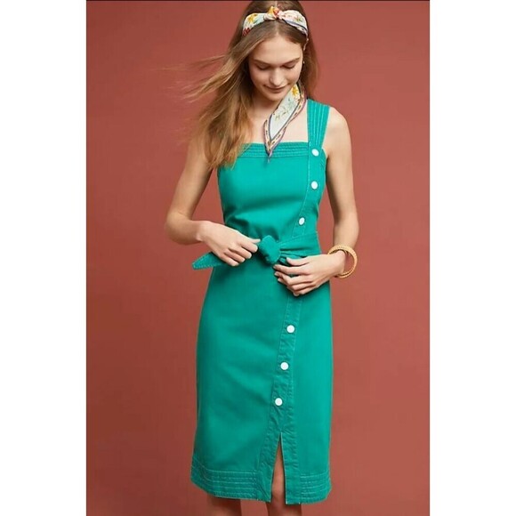 Anthropologie Maeve Elizabeth Green Side Button Denim Green Dress‎ Size 4 Used - Picture 2 of 16